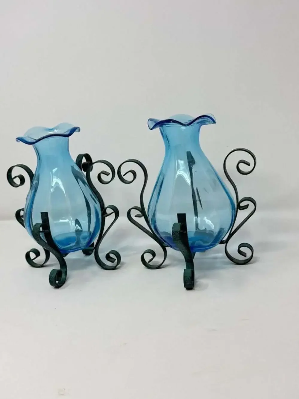 Set of 2 Vintage Blue Blown Glass Vases with Wrought Iron Scroll Stands
